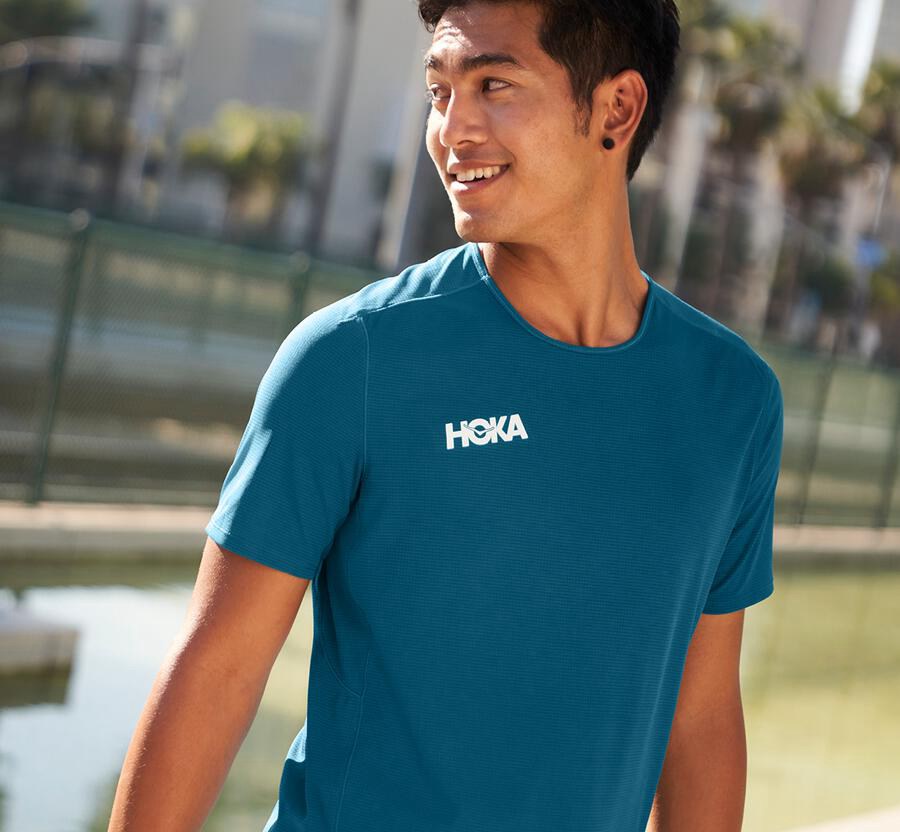 Top Hoka One One Hombre Azules - Performance Short Sleeve - IPXD35281